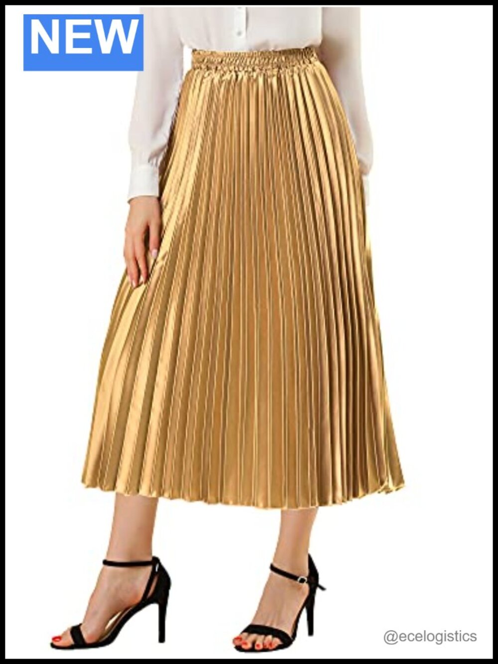 Women's Pleated Midi Skirt High Waisted Metallic Party A-Line